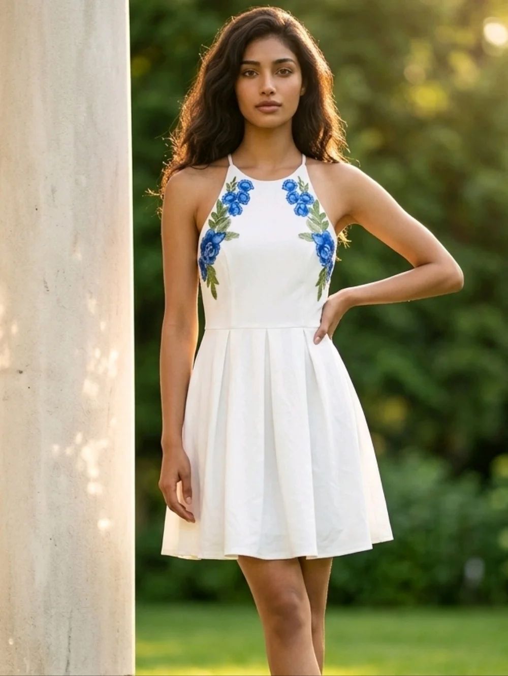 B Darlin Blue Floral Embroidered Fit & Flare Mini Dress White Pleated Women 5/6